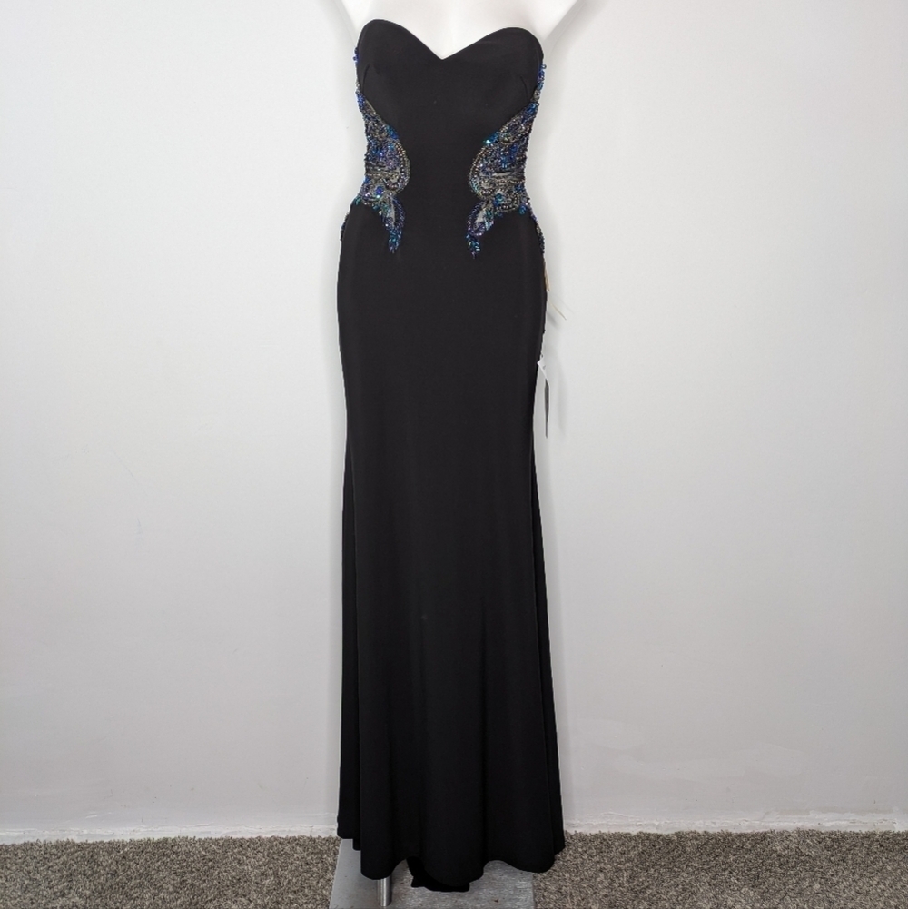 NWT Jasz Couture Black Iridescent Blue Beaded Strapless Maxi Evening Gown 6